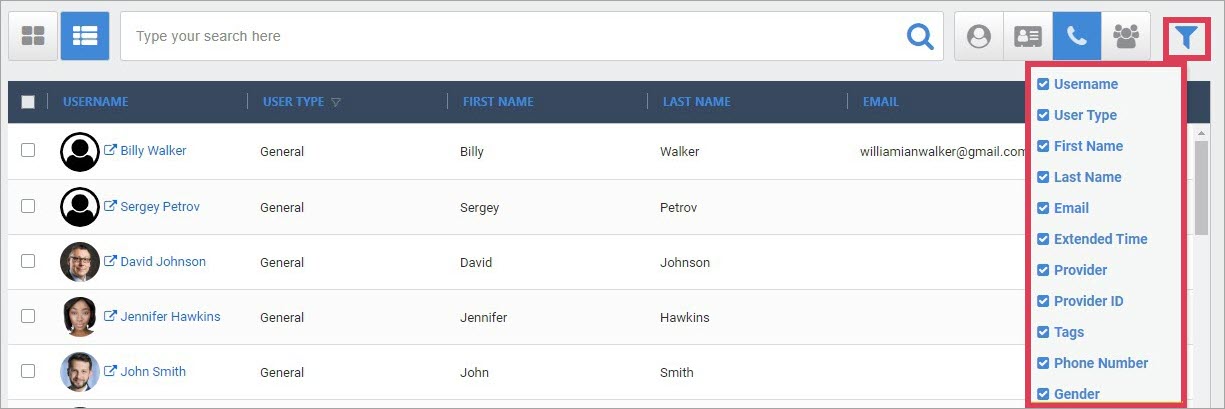 Click image to enlarge, click again to close. Available filter options in the Users module.